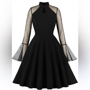 Mesh Gothic Vintage Style  Dress Black with Sheer Sleeves Size  Small